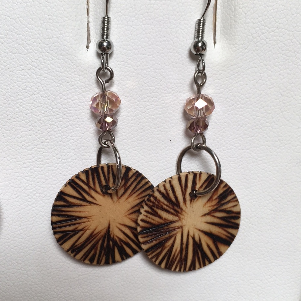 Earrings. Handmade wood burned and crystal earring